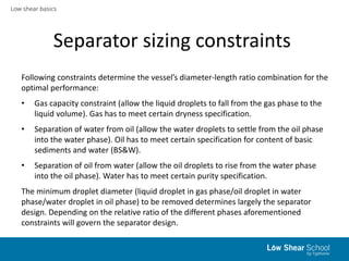 Low shear basics
Separator sizing constraints
Following constraints determine the vessel’s diameter-length ratio combination for the
optimal performance:
• Gas capacity constraint (allow the liquid droplets to fall from the gas phase to the
liquid volume). Gas has to meet certain dryness specification.
• Separation of water from oil (allow the water droplets to settle from the oil phase
into the water phase). Oil has to meet certain specification for content of basic
sediments and water (BS&W).
• Separation of oil from water (allow the oil droplets to rise from the water phase
into the oil phase). Water has to meet certain purity specification.
The minimum droplet diameter (liquid droplet in gas phase/oil droplet in water
phase/water droplet in oil phase) to be removed determines largely the separator
design. Depending on the relative ratio of the different phases aforementioned
constraints will govern the separator design.
 