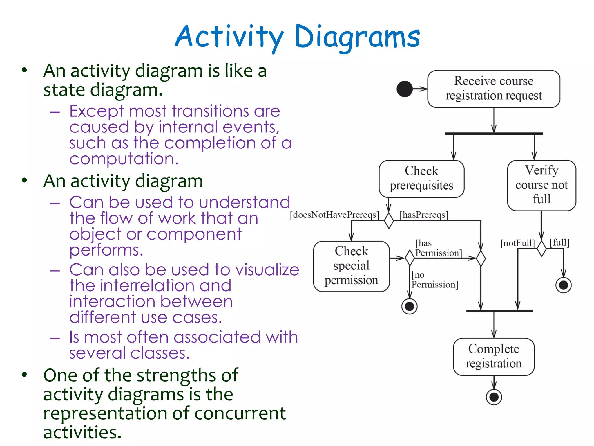 Activity Diagrams
• An activity diagram is like a
state diagram.
– Except most transitions are
caused by internal events,
such as the completion of a
computation.
• An activity diagram
– Can be used to understand
the flow of work that an
object or component
performs.
– Can also be used to visualize
the interrelation and
interaction between
different use cases.
– Is most often associated with
several classes.
• One of the strengths of
activity diagrams is the
representation of concurrent
activities.
 