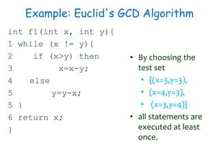 Example: Euclid's GCD Algorithm
int f1(int x, int y){
1 while (x != y){
2 if (x>y) then
3 x=x-y;
4 else
5 y=y-x;
5 }
6 return x;
}
• By choosing the
test set
• {(x=3,y=3),
• (x=4,y=3),
• (x=3,y=4)}
• all statements are
executed at least
once.
 