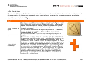 Proposta d’activitats per ajudar a desenvolupar els continguts clau de matemàtiques en el Cicle Inicial d’Educació primària 13/17
5.- Les figures i l’espai
El reconeixement de figures, l’anàlisi del seus components i els canvis que es poden produir, així com els aspectes relatius a l’espai, com són
els desplaçaments o els diversos punts de vista d’un mateix objecte, són també punts clau en la formació en general i en la matemàtica.
5.1.- Anàlisi experimentació amb figures
Com?
Iniciant l’anàlisi de les
figures
Convé que es passi del reconeixement global de les formes i les figures, a saber
veure els elements que les componen: costats, vèrtex, cares... Començant per
les més conegudes i habituals: triangles, quadrats, rectangles, cubs, prismes,
cilindres... i incorporant, mica en mica, altres formes: piràmides, cons, trapezis,
hexàgons, pentàgons...
L’ús de materials específics com ara el geoplà, el polidron, etc. o d’ús habitual,
com els tubs de cartró o les capses, ajuda molt a posar de manifest les
característiques de les figures.
És especialment important que reconeguin aquestes figures en objectes de
l’entorn. 10
Descomponent i
transformant.
Descompondre les figures en altres que les continguin ajuda a analitzar-les; és
bo que vegin el quadrat descompost en dos o quatre triangles, l’hexàgon en dos
trapezis o sis triangles, etc. Poder fer aquestes descomposicions permet fer
comparacions i valorar superfícies i volums. Fer el desenvolupament pla d’un cos
és també una manera de descompondre’l i de posar de manifest les parts que el
componen. Per exemple un cilindre es descompon en un rectangle i dos cercles
Transformar va més enllà de descompondre i porta a aprofundir en la generació
de noves formes, així si s’agafa un tub de cartró i s’aixafa es transforma en un
rectangle i si es retalla un quadrat per la diagonal i s’enganxen les dues meitats
resultants es poden aconseguir formes diverses amb la mateixa superfície.
Experimentant amb aquests materials i amb propostes de descomposició i
transformació s’augmenta la capacitat d’imaginar formes, de visualitzar i de
conèixer més a fons les figures.
 