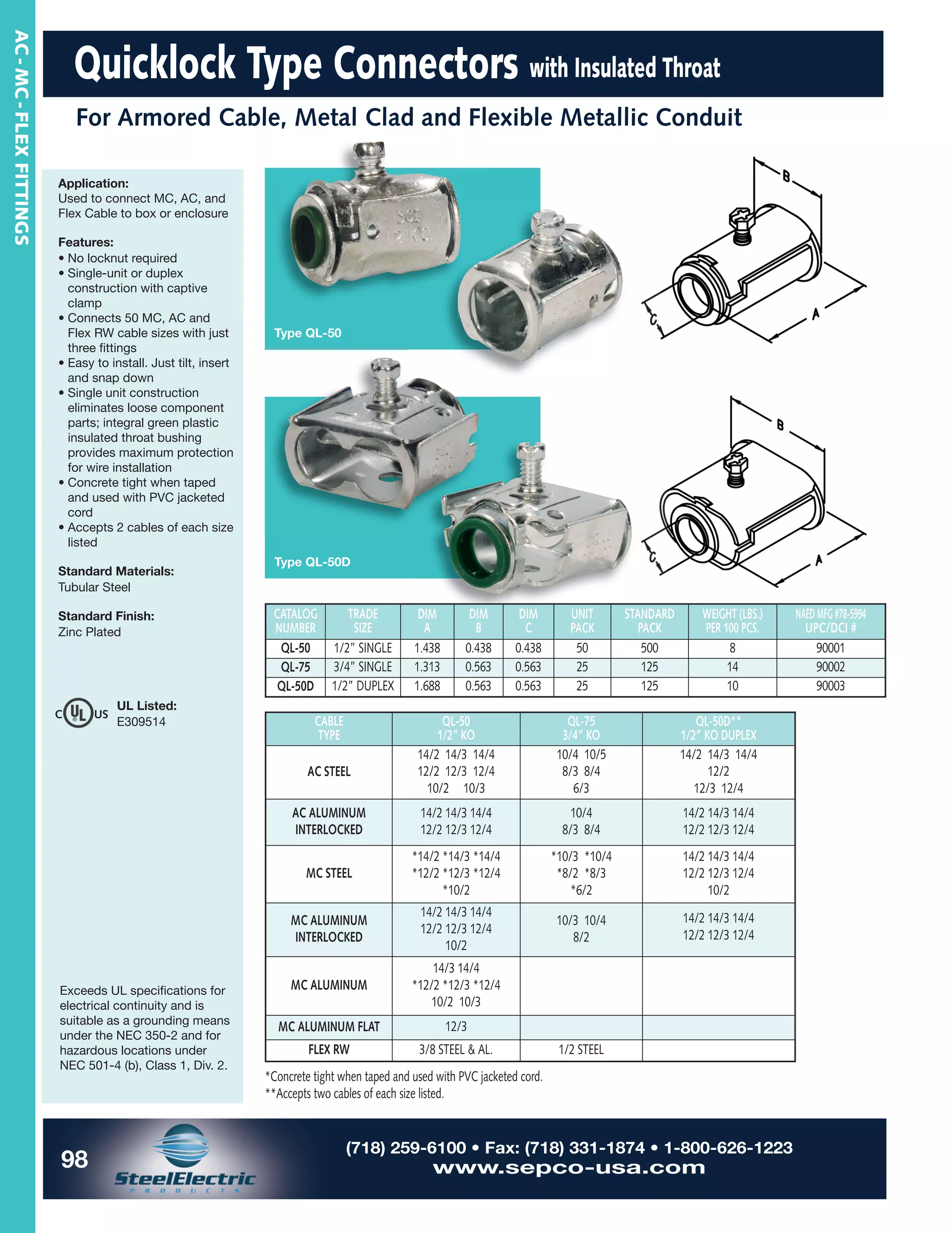 SEPCO Steel Electric Conduit & Cable Fittings AC MCFLEX Fittings