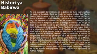 Histori ya
Babirwa
Re kwa bagologolo bare setšhaba se sa Babirwa se tšwile kua bokgalaka
ka thoko ya bosobela tšatši go fihlela ba hwetša madulo kua Taung.
Morago ga mengwaga e rileng setšhaba se se ile sa huduga kua Taung.
Thaba e be ele moo se itšhireletšago go manaba a sona, batho bao ba
bego ba beditšwe ke badimo ba be ba bolokwa ka tlhompho le ka
bothakga mo di thokgweng tšeo ba di bitšago “Badimong”. Se rile ge se
tloga Taung sa leba bopedi bja ga Sekhukhune se kganyogile dithaba tša
gona. Setšhaba se ile sa aga kua Tloune (Natlaleng) moo naga e bego e
na le dikgoši tse pedi fela e lego kgoši Machaka le kgoši Makgato. Go
arola setšhaba se sa Babirwa se be se na le dikoma tša mehutahuta go
swana le lebollo la bašimane, bogwera, bjale bja basetsana le komana ya
bakgorwana. Setšhaba sa ga Makgato se ile sa kganyoga komana ye ya
bakgorwana gomme sa e agela sebo sa yona thabaneng ya ga Mabale.
Setšhaba se holofela gore mmušo ose okeletše ka naga e nngwe kgauswi
le klippaadrift goba go se nyakela dinaga tše dingwe moo bana ba ga
Makgato batlago ba le lethabo , ba be ba kgona go ba le tlhabologo ya
mekgwa le setlogo sa bona. Bona ba sa itheta bjale ka mehleng ya kgale
ba re: ke maboyi, mmagopatana ka kgoro. Histori ye e ngwadilwe ke
Mathias Makgato.
 