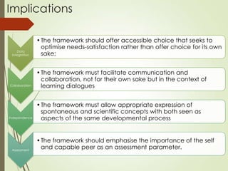 Implications

                • The framework should offer accessible choice that seeks to
                  optimise needs-satisfaction rather than offer choice for its own
    Data
 Integration      sake;


                • The framework must facilitate communication and
                  collaboration, not for their own sake but in the context of
Collaboration     learning dialogues


                • The framework must allow appropriate expression of
                  spontaneous and scientific concepts with both seen as
Independence      aspects of the same developmental process


                • The framework should emphasise the importance of the self
 Assessment
                  and capable peer as an assessment parameter.
 