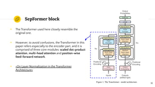 SepFormer block
◉ The Transformer used here closely resemble the
original one.
◉ However, to avoid confusions, the Transformer in this
paper refers especially to the encoder part, and it is
comprised of three core modules: scaled dot-product
attention, multi-head attention and position-wise
feed-forward network.
◉ <On Layer Normalization in the Transformer
Architecture>
18
 
