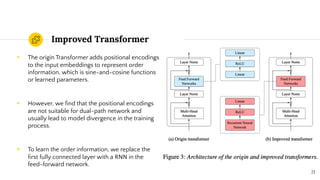 Improved Transformer
◉ The origin Transformer adds positional encodings
to the input embeddings to represent order
information, which is sine-and-cosine functions
or learned parameters.
◉ However, we ﬁnd that the positional encodings
are not suitable for dual-path network and
usually lead to model divergence in the training
process.
◉ To learn the order information, we replace the
ﬁrst fully connected layer with a RNN in the
feed-forward network.
21
 
