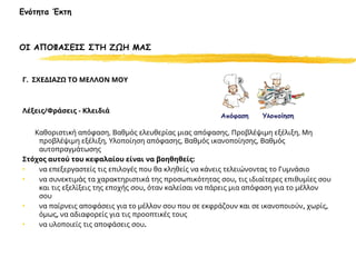 Ενότητα Έκτη
ΟΙ ΑΠΟΦΑΣΕΙΣ ΣΤΗ ΖΩΗ ΜΑΣ
Γ. ΣΧΕΔΙΑΖΩ ΤΟ ΜΕΛΛΟΝ ΜΟΥ
Λέξεις/Φράσεις - Κλειδιά
Καθοριστική απόφαση, Βαθμός ελευθερίας μιας απόφασης, Προβλέψιμη εξέλιξη, Μη
προβλέψιμη εξέλιξη, Υλοποίηση απόφασης, Βαθμός ικανοποίησης, Βαθμός
αυτοπραγμάτωσης
Στόχος αυτού του κεφαλαίου είναι να βοηθηθείς:
• να επεξεργαστείς τις επιλογές που θα κληθείς να κάνεις τελειώνοντας το Γυμνάσιο
• να συνεκτιμάς τα χαρακτηριστικά της προσωπικότητας σου, τις ιδιαίτερες επιθυμίες σου
και τις εξελίξεις της εποχής σου, όταν καλείσαι να πάρεις μια απόφαση για το μέλλον
σου
• να παίρνεις αποφάσεις για το μέλλον σου που σε εκφράζουν και σε ικανοποιούν, χωρίς,
όμως, να αδιαφορείς για τις προοπτικές τους
• να υλοποιείς τις αποφάσεις σου.
 