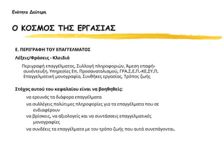 Ε. ΠΕΡΙΓΡΑΦΗ ΤΟΥ ΕΠΑΓΓΕΛΜΑΤΟΣ
Λέξεις/Φράσεις - Κλειδιά
Περιγραφή επαγγέλματος, Συλλογή πληροφοριών, Άμεση επαφή-
συνέντευξη, Υπηρεσίες Επ. Προσανατολισμού, ΓΡΑ.Σ.Ε.Π.-ΚΕ.ΣΥ.Π.
Επαγγελματική μονογραφία, Συνθήκες εργασίας, Τρόπος ζωής
Στόχος αυτού του κεφαλαίου είναι να βοηθηθείς:
να ερευνάς τα διάφορα επαγγέλματα
να συλλέγεις πολύτιμες πληροφορίες για τα επαγγέλματα που σε
ενδιαφέρουν
να βρίσκεις, να αξιολογείς και να συντάσσεις επαγγελματικές
μονογραφίες
να συνδέεις τα επαγγέλματα με τον τρόπο ζωής που αυτά συνεπάγονται.
Ενότητα Δεύτερη
Ο ΚΟΣΜΟΣ ΤΗΣ ΕΡΓΑΣΙΑΣ
 
