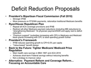 Deficit Reduction Proposals
•  President’s Bipartisan Fiscal Commission (Fall 2010)
–  Stronger IPAB
–  More pressure on FFS/MA payments, rationalize traditional Medicare benefits
•  Ryan/House Republican Plan
–  Repeal all ACA coverage provisions and IPAB
–  Redirect all other Medicare payment reductions (including MB reductions) to
“strengthening Medicare”: fix physician payment/SGR and apply rest to deficit
reduction
–  “Premium support” (subsidies increasing with CPI) in Medicare and Medicaid
block grants increasing with CPI, to slow spending growth further
•  President’s Framework
–  IPAB reduces spending growth to CPI+0.5% per capita
–  “Value-based” benefit design
•  Back to the Future: Tighter Medicare/ Medicaid Price
Regulation
–  Main health care savings in BBA 1997 and ACA 2010
–  Achieves short-term Federal savings without reducing benefits
–  Not a strategy to improve value
•  Alternative: Payment Reform and Coverage Reform…
Focusing on Accountable Care
 
