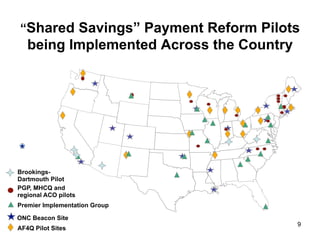 “Shared Savings” Payment Reform Pilots
being Implemented Across the Country
ONC Beacon Site
AF4Q Pilot Sites
PGP, MHCQ and
regional ACO pilots
Premier Implementation Group
Brookings-
Dartmouth Pilot
9
 