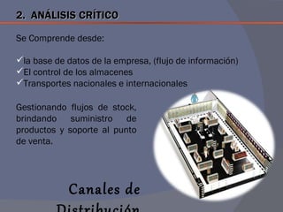 2. ANÁLISIS CRÍTICO

Se Comprende desde:

la base de datos de la empresa, (flujo de información)
El control de los almacenes
Transportes nacionales e internacionales

Gestionando flujos de stock,
brindando suministro de
productos y soporte al punto
de venta.




             Canales de
 