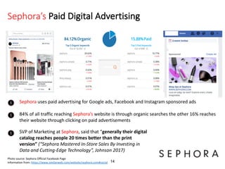 Sephora’s Paid Digital Advertising
SVP of Marketing at Sephora, said that “generally their digital
catalog reaches people 20 times better than the print
version” (“Sephora Mastered In-Store Sales By Investing in
Data and Cutting-Edge Technology”, Johnson 2017)
Sephora uses paid advertising for Google ads, Facebook and Instagram sponsored ads
84% of all traffic reaching Sephora’s website is through organic searches the other 16% reaches
their website through clicking on paid advertisements
Photo source: Sephora Official Facebook Page
Information from: https://www.similarweb.com/website/sephora.com#social 14
 