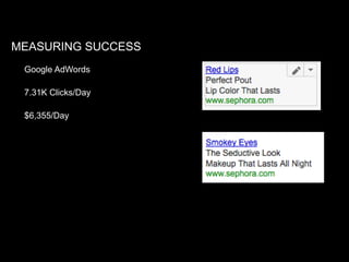 MEASURING SUCCESS
Google AdWords
7.31K Clicks/Day
$6,355/Day

 