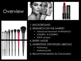 Overview
1. BACKGROUND
2. RESEARCH ON THE MARKET
• Internal environment  PRIMEFACT
• ICEDRIPS  ICEDRIPS
• SWOT analysis
4. ENTRY MODE
5. MARKETING STRATEGIES ABROAD
• Positioning
• Marketing MIX
6. Recommendation & Conclusion
 