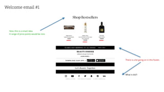 Welcome email #1
There is a lot going on in this footer.
What is kik?!
Nice, this is a smart idea.
A range of price points would be nice.
 