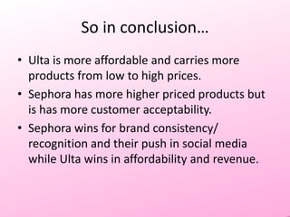 So in conclusion…
• Ulta is more affordable and carries more
products from low to high prices.
• Sephora has more higher priced products but
is has more customer acceptability.
• Sephora wins for brand consistency/
recognition and their push in social media
while Ulta wins in affordability and revenue.

 