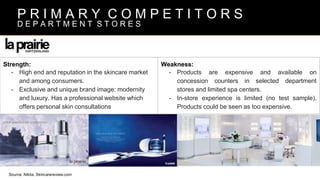 Strength:
- High end and reputation in the skincare market
and among consumers.
- Exclusive and unique brand image: modernity
and luxury. Has a professional website which
offers personal skin consultations
Weakness:
- Products are expensive and available on
concession counters in selected department
stores and limited spa centers.
- In-store experience is limited (no test sample).
Products could be seen as too expensive.
B R A N D V I S I O N
P R I M A R Y C O M P E T I T O R S
D E P A R T M E N T S T O R E S
Source: Nikita, Skincarereview.com
 