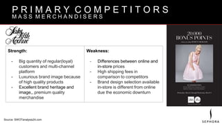 Strength:
- Big quantity of regular(loyal)
customers and multi-channel
platform
- Luxurious brand image because
of high quality products
- Excellent brand heritage and
image,, premium quality
merchandise
Weakness:
- Differences between online and
in-store prices
- High shipping fees in
comparison to competitors
- Brand design selection available
in-store is different from online
due the economic downturn
B R A N D V I S I O N
P R I M A R Y C O M P E T I T O R S
M A S S M E R C H A N D I S E R S
Source: SWOTanalysis24.com
 