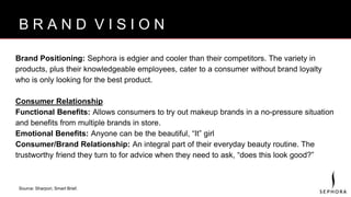 B R A N D V I S I O N
Brand Positioning: Sephora is edgier and cooler than their competitors. The variety in
products, plus their knowledgeable employees, cater to a consumer without brand loyalty
who is only looking for the best product.
Consumer Relationship
Functional Benefits: Allows consumers to try out makeup brands in a no-pressure situation
and benefits from multiple brands in store.
Emotional Benefits: Anyone can be the beautiful, “It” girl
Consumer/Brand Relationship: An integral part of their everyday beauty routine. The
trustworthy friend they turn to for advice when they need to ask, “does this look good?”
B R A N D V I S I O N
Source: Sharpori, Smart Brief.
 