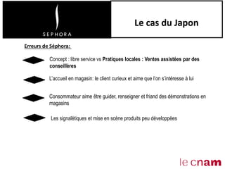 Le cas du Japon
Concept : libre service vs Pratiques locales : Ventes assistées par des
conseillères
L’accueil en magasin: le client curieux et aime que l’on s’intéresse à lui
Erreurs de Séphora:
Consommateur aime être guider, renseigner et friand des démonstrations en
magasins
Les signalétiques et mise en scène produits peu développées
 