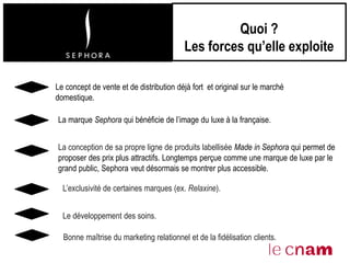 Quoi ?
Les forces qu’elle exploite
La conception de sa propre ligne de produits labellisée Made in Sephora qui permet de
proposer des prix plus attractifs. Longtemps perçue comme une marque de luxe par le
grand public, Sephora veut désormais se montrer plus accessible.
Le concept de vente et de distribution déjà fort et original sur le marché
domestique.
La marque Sephora qui bénéficie de l’image du luxe à la française.
L’exclusivité de certaines marques (ex. Relaxine).
Le développement des soins.
Bonne maîtrise du marketing relationnel et de la fidélisation clients.
 