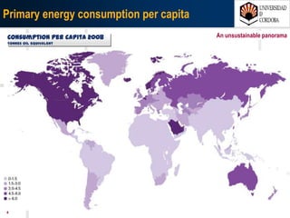 407/03/15 Antonio Moreno Muñoz. Área de Electrónica. Universidad de Córdoba.
Energy crossroads
Unsustainable modelUnsustainable model Growing demandGrowing demand
• 45% increase
in primary energy demand
forecast → 2030
• Emerging countries: 70%
of expected increased demand
• Universal right to
development.
• 1,600 million people
without access to electricity
• 2.000 million people
without access to
commercial energy
ENERGY:
Crisis or
opportunity?
• 80% based on
fossil fuels.
• With limited reserves
(peak oil expected
in 10-20 years).
• Concentrated in unstable
countries: geo-strategic
insecurity of supply.
• Volatile prices.
• Climate change.
An unsustainable panorama
 