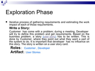 Exploration Phase
   Iterative process of gathering requirements and estimating the work
    impact of each of those requirements.
    Write a Story:
    Customer has come with a problem; during a meeting, Developer
    will try to define this problem and get requirements. Based on the
    business problem, a story (user story) has to be written. This is
    done by Customer, where they point out what they want a part of
    the system to do. It is important that developer has no influence on
    this story. The story is written on a user story card.
     Roles : Customer , Developer
     Artifact : User Stories
 
