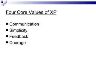 Four Core Values of XP

 Communication
 Simplicity
 Feedback
 Courage
 
