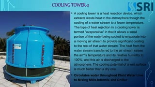 COOLING TOWER-2
• A cooling tower is a heat rejection device, which
extracts waste heat to the atmosphere though the
cooling of a water stream to a lower temperature.
The type of heat rejection in a cooling tower is
termed "evaporative" in that it allows a small
portion of the water being cooled to evaporate into
a moving air stream to provide significant cooling
to the rest of that water stream. The heat from the
water stream transferred to the air stream raises
the air''''s temperature and its relative humidity to
100%, and this air is discharged to the
atmosphere. The cooling potential of a wet surface
is much better than a dry one.
• Circulates water throughout Plant Water Line
to Mixing Mills,Intermix and Chiller
 