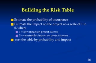 16
Building the Risk Table
■ Estimate the probability of occurrence
■ Estimate the impact on the project on a scale of 1 to
5, where
■ 1 = low impact on project success
■ 5 = catastrophic impact on project success
■ sort the table by probability and impact
 