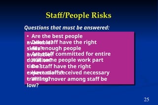 25
Staff/People Risks
• Are the best people
available?
• Does staff have the right
skills?
• Are enough people
available?
• Are staff committed for entire
duration?
• Will some people work part
time?
• Do staff have the right
expectations?
• Have staff received necessary
training?
• Will turnover among staff be
low?
Questions that must be answered:
 