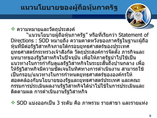 แนวนโยบายของผู้ถือหุ้นภาครัฐ  ความหมายและวัตถุประสงค์ “ แนวนโยบายผู้ถือหุ้นภาครัฐ ”  หรือที่เรียกว่า  Statement of Directions : SOD   หมายถึง   ความคาดหวังของภาครัฐในฐานะผู้ถือหุ้นที่มีต่อรัฐวิสาหกิจภายใต้กรอบยุทธศาสตร์ของประเทศ ยุทธศาสตร์กระทรวงเจ้าสังกัด วัตถุประสงค์การจัดตั้ง ภารกิจและบทบาทของรัฐวิสาหกิจในปัจจุบัน เพื่อให้ภาครัฐนำไปใช้เป็นแนวทางในการกำกับดูแลรัฐวิสาหกิจในระยะสั้นถึงปานกลาง เพื่อให้รัฐวิสาหกิจมีความชัดเจนในทิศทางการดำเนินงาน สามารถใช้เป็นกรอบ / แนวทางในการกำหนดยุทธศาสตร์ขององค์กรให้สอดคล้องกับนโยบายของรัฐและยุทธศาสตร์ประเทศ และคณะกรรมการประเมินผลงานรัฐวิสาหกิจได้นำไปใช้ในการประเมินและติดตามผล การดำเนินงานรัฐวิสาหกิจ SOD   แบ่งออกเป็น  3  ระดับ คือ ภาพรวม รายสาขา และรายแห่ง 