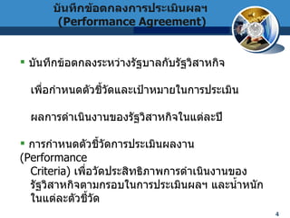 บันทึกข้อตกลงการประเมินผลฯ  (Performance Agreement) บันทึกข้อตกลงระหว่างรัฐบาลกับรัฐวิสาหกิจ    เพื่อกำหนดตัวชี้วัดและเป้าหมายในการประเมิน    ผลการดำเนินงานของรัฐวิสาหกิจในแต่ละปี การกำหนดตัวชี้วัดการประเมินผลงาน  (Performance   Criteria)  เพื่อวัดประสิทธิภาพการดำเนินงานของ   รัฐวิสาหกิจตามกรอบในการประเมินผลฯ และน้ำหนัก ในแต่ละตัวชี้วัด 