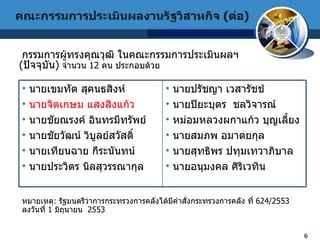 กรรมการผู้ทรงคุณวุฒิ ในคณะกรรมการประเมินผลฯ  ( ปัจจุบัน )   จำนวน  12  คน ประกอบด้วย หมายเหตุ :  รัฐมนตรีว่าการกระทรวงการคลังได้มีคำสั่งกระทรวงการคลัง ที่  624/2553  ลงวันที่  1  มิถุนายน  2553  คณะกรรมการประเมินผลงานรัฐวิสาหกิจ  ( ต่อ ) นายเขมทัต สุคนธสิงห์ นายจิตเกษม แสงสิงแก้ว   นายชัยณรงค์ อินทรมีทรัพย์ นายชัยวัฒน์   วิบูลย์สวัสดิ์ นายเทียนฉาย   กีระนันทน์ นายประวิตร   นิลสุวรรณากุล   นายปรัชญา   เวสารัชช์   นายปิยะบุตร  ชลวิจารณ์ หม่อมหลวงผกาแก้ว   บุญเลี้ยง นายสมภพ อมาตยกุล   นายสุทธิพร   ปทุมเทวาภิบาล นายอนุมงคล ศิริเวทิน   