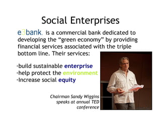Social Enterprises Chairman Sandy Wiggins speaks at annual TED conference build sustainable  enterprise help protect the  environment Increase social  equity is a commercial bank dedicated to developing the “green economy” by providing financial services associated with the triple bottom line. Their services:  e3bank.com 