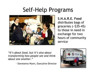 Self-Help Programs S.H.A.R.E. Food  distributes bags of groceries (~$35-45) to those in need in exchange for two hours of community service sharefoodprogram.org sharefoodprogram.org “ It’s about food, but it’s also about transforming how people see and think about one another.”  - Steveanna Wynn, Executive Director 