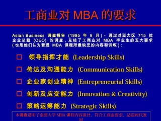工商业对 MBA 的要求
Asian Business 调 查 报 告 (1995 年 9 月 ) - 通 过 对 亚 太 区 715 位
企 业 总 裁 (CEO) 的 调 查 ， 总 结 了 工 商 业 对 MBA 毕 业 生 的 五 大 要 求
( 也是他们认为普通 MBA 课程所最缺乏的内容和训练 ) :


     领导指挥才能 (Leadership Skills)
  传达及沟通能力 (Communication Skills)
  企业家创业精神 (Entrepreneurial Skills)
  创新及应变能力 (Innovation & Creativity)
  策略运筹能力 (Strategic Skills)
 本调查证明了南澳大学 MBA 课程内容设计，符合工商业要求、适应时代发
 