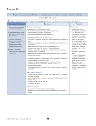 48Primero de Secundaria
Bloque III
Práctica social del lenguaje: Participar en juegos de lenguaje para trabajar aspectos lingüísticos específicos
Ambiente: Literario y lúdico
Competencia específica: Participar en juegos de lenguaje para reconocer y comprender el tiempo futuro en pronósticos
Aprendizajes esperados Contenidos Producto
•	Reconoce formas verbales
futuras en enunciados.
•	Clasifica enunciados por el
tipo de forma verbal futura
que contienen.
•	Compara enunciados
que expresan situaciones
futuras con las que
expresan situaciones
pasadas y/o presentes.
•	Formula y responde
preguntas para comprender
pronósticos.
Hacer con el lenguaje
Revisar ejemplos escritos de pronósticos.
•	Identificar las situaciones en que se hacen pronósticos.
•	Reconocer tema, propósito y destinatario.
•	Distinguir componentes gráficos y textuales.
Comprender características de tiempo futuro.
•	Escuchar una lectura de pronósticos que contienen formas verbales de
futuro.
•	Identificar enunciados que expresan estados y situaciones futuras, y su
composición.
•	Clasificar enunciados por tipo de forma verbal en futuro.
•	Completar enunciados de estados y situaciones futuras.
•	Comparar enunciados que expresan situaciones futuras con los que
expresan pasado y/o presente.
•	Responder preguntas formuladas para hacer pronósticos, a partir de
situaciones presentes.
Escribir enunciados que expresan futuro para componer un pronóstico.
•	Escribir palabras que expresan futuro.
•	Componer y redactar preguntas sobre situaciones futuras.
•	Completar enunciados con formas verbales en futuro.
•	Secuenciar enunciados.
•	Escribir enunciados para componer un pronóstico sobre una situación
real o ficticia.
Saber sobre el lenguaje
•	Tiempos verbales: presente, pasado, futuro (will, shall, be + going to).
•	Tipo de enunciados.
•	Grupos de grafías poco frecuentes o ausentes en la lengua materna (por
ejemplo, sh, ll).
•	Escritura convencional de palabras.
•	Puntuación: apóstrofo.
Ser con el lenguaje
•	Promover la retroalimentación entre compañeros.
•	Mostrar actitud crítica para autoevaluar posibilidades y capacidades
propias.
Pronósticos
–– Establecer el tipo de
descripciones permitidas
y no permitidas para
componer un pronóstico.
–– Escoger un tema para
redactar una descripción
actual: de uno mismo,
de un compañero, de la
comunidad, etcétera (por
ejemplo: María hoy estudia
la secundaria, mañana
estudiará..., en 15 años
será...).
–– Redactar la descripción
actual.
–– Proyectar la descripción
a futuro y escribirla en
ese tiempo verbal para
componer el pronóstico.
–– Compartir, en una
lectura en voz alta, los
pronósticos y pegarlos en
un lugar visible del salón
de clases.
 