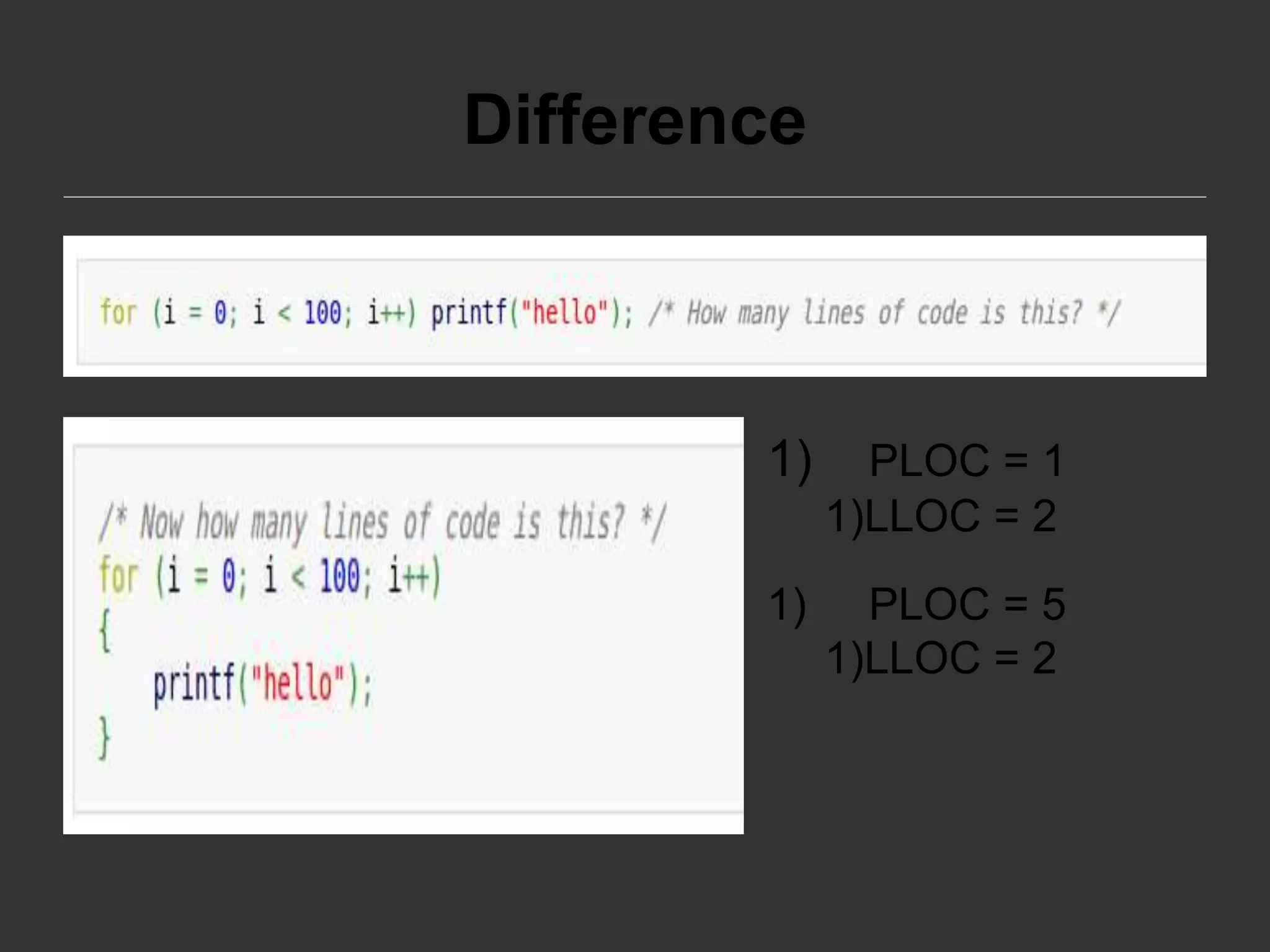 Difference
1) PLOC = 1
1)LLOC = 2
1) PLOC = 5
1)LLOC = 2
 