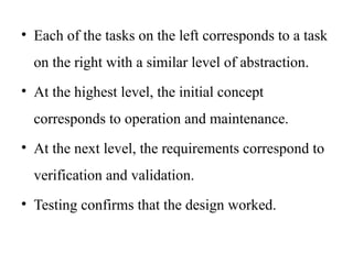 • Each of the tasks on the left corresponds to a task
on the right with a similar level of abstraction.
• At the highest level, the initial concept
corresponds to operation and maintenance.
• At the next level, the requirements correspond to
verification and validation.
• Testing confirms that the design worked.
 