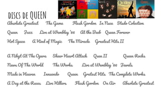 discs de QUEEN
Absolute Greatest The Game Flash Gordon In Nuce Studo Colection
Queen Jazz Live at Wembley ‘86 At the Beeb Queen Forever
Hot Space A Hind of Magic The Miracle Greatest Hits II
A Nihgt At The Opera Sheer Heart Attack Quen II Queen Rocks
News Of The World The Works Live at Wembley ‘86 Jewels
Made in Heaven Innuendo Queen Gratest Hits The Complete Works
A Day at the Races Live Hillers Flash Gordon On Air Absolute Greatest
 