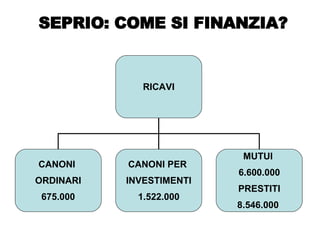 SEPRIO: COME SI FINANZIA? RICAVI CANONI  ORDINARI 675.000 CANONI PER  INVESTIMENTI 1.522.000 MUTUI  6.600.000 PRESTITI 8.546.000  