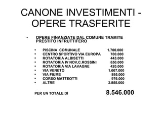 CANONE INVESTIMENTI - OPERE TRASFERITE OPERE FINANZIATE DAL COMUNE TRAMITE PRESTITO INFRUTTIFERO PISCINA  COMUNALE    1.700.000 CENTRO SPORTIVO VIA EUROPA    700.000 ROTATORIA ALBISETTI    443.000 ROTATORIA IV NOV,C.ROSSINI   650.000 ROTATORIA VIA LAVAGNE     420.000 VIA VENETO   1.607.000 VIA FIUME   895.000 CORSO MATTEOTTI   976.000 ALTRE   2.855.000 PER UN TOTALE DI  8.546.000 