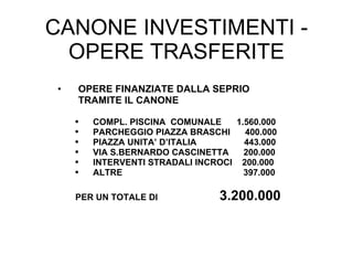 CANONE INVESTIMENTI - OPERE TRASFERITE OPERE FINANZIATE DALLA SEPRIO  TRAMITE IL CANONE COMPL. PISCINA  COMUNALE   1.560.000 PARCHEGGIO PIAZZA BRASCHI  400.000 PIAZZA UNITA’ D’ITALIA    443.000 VIA S.BERNARDO CASCINETTA  200.000 INTERVENTI STRADALI INCROCI  200.000 ALTRE   397.000 PER UN TOTALE DI  3.200.000 