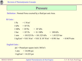 ME0223 SEM-IV Applied Thermodynamics & Heat Engines Pressure Definition  : Normal Force exerted by a fluid per unit Area. SI Units  :  1 Pa  = 1 N/m 2 1 kPa  = 10 3  Pa 1 MPa  = 10 6  Pa  =  10 3  kPa 1 bar  = 10 5  Pa  =  0.1 MPa  =  100 kPa 1 atm  = 101325 Pa  = 101.325 kPa  =  1.01325 bar 1 kgf/cm 2  = 9.81 N/m 2   = 9.81 X 10 4  N/m 2   = 0.981 bar  = 0.9679 atm  English Units  :  psi = Pound per square inch ( lbf/in 2 ) 1 atm  = 14.696 psi 1 kgf/cm 2  = 14.223 psi  