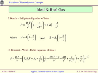 Ideal & Real Gas 3. Benedict – Webb - Rubin Equation  of State :  ME0223 SEM-IV Applied Thermodynamics & Heat Engines 2. Beattie – Bridgeman Equation  of State : Where,  And  