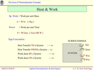 ME0223 SEM-IV Applied Thermodynamics & Heat Engines Heat & Work Sp. Work  = Work per unit Mass w = W/m  ( J/kg ) Power   = Work per unit Time P = W/time  ( J/sec OR W ) Sign Convention  : Heat Transfer  TO  a System  :  + ve Heat Transfer  FROM  a System :  - ve Work done  BY  a System  :  + ve Work done  ON  a System  :  - ve SYSTEM SURROUNDINGS Qin Qout Win Win 