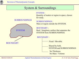ME0223 SEM-IV Applied Thermodynamics & Heat Engines System & Surroundings SYSTEM  : Quantity of matter or region in space, chosen for study. SURROUNDINGS  : Mass or region outside the SYSTEM.  BOUNDARY  : Real / Imaginary surface that separates the SYSTEM from SURROUNDINGS.  SYSTEM SURROUNDINGS BOUNDARY BOUNDARY  : Fixed / Movable Shared by both,  SYSTEM and SURROUNDINGS No Thickness No Mass / Volume 
