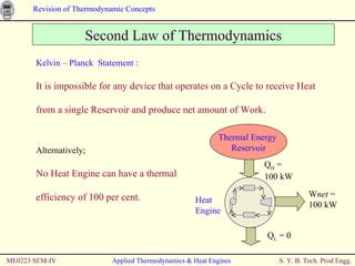 Second Law of Thermodynamics Kelvin – Planck  Statement : It is impossible for any device that operates on a Cycle to receive Heat from a single Reservoir and produce net amount of Work. Alternatively; No Heat Engine can have a thermal efficiency of 100 per cent. ME0223 SEM-IV Applied Thermodynamics & Heat Engines Thermal Energy  Reservoir W net  =  100 kW Q H  =  100 kW Q L  = 0 Heat  Engine 