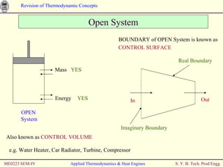 ME0223 SEM-IV Applied Thermodynamics & Heat Engines Open System Also known as  CONTROL VOLUME e.g. Water Heater, Car Radiator, Turbine, Compressor BOUNDARY of OPEN System is known as  CONTROL SURFACE OPEN  System Mass  YES Energy YES In Out Imaginary Boundary Real Boundary 