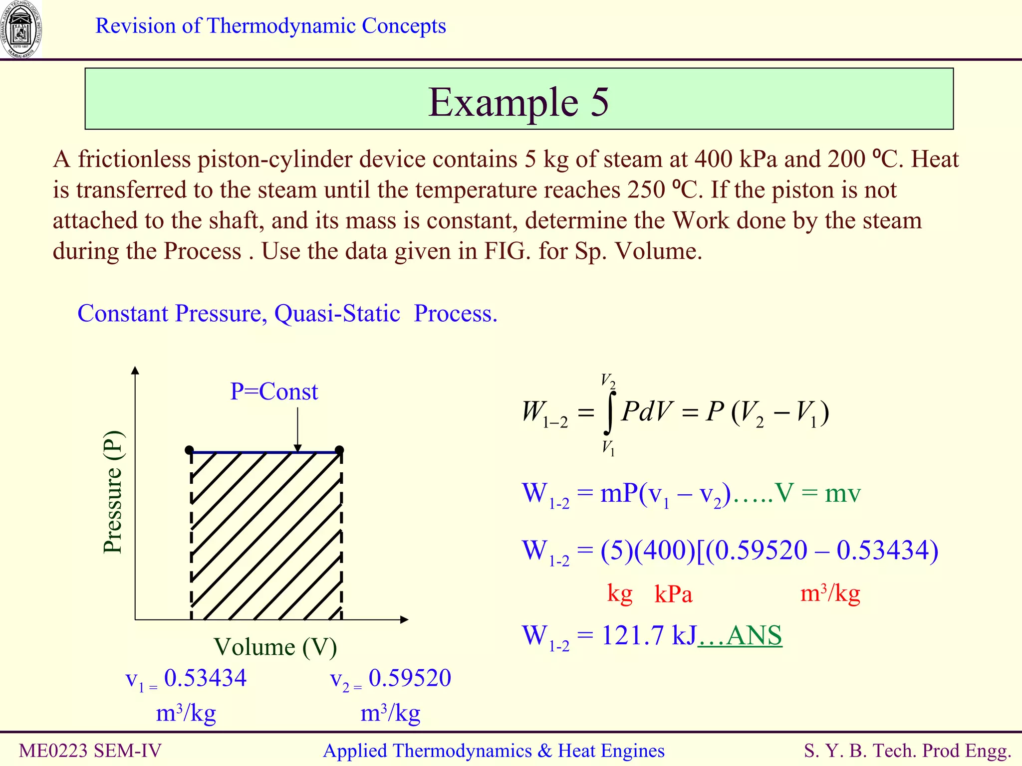 ME0223 SEM-IV Applied Thermodynamics & Heat Engines Example 5 A frictionless piston-cylinder device contains 5 kg of steam at 400 kPa and 200 ⁰C. Heat is transferred to the steam until the temperature reaches 250 ⁰C. If the piston is not attached to the shaft, and its mass is constant, determine the Work done by the steam during the Process . Use the data given in FIG. for Sp. Volume. Constant Pressure, Quasi-Static  Process. v 2 =  0.59520 m 3 /kg W 1-2  = mP(v 1  – v 2 ) …..V = mv W 1-2  = 121.7 kJ …ANS Pressure (P) Volume (V) P=Const v 1 =  0.53434 m 3 /kg W 1-2  = (5)(400)[(0.59520 – 0.53434) kg kPa m 3 /kg 